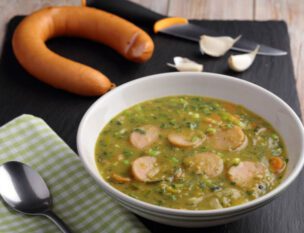 Dutch Pea Soup Snert With Smoked Sausage Rookworst On A Rustic Table